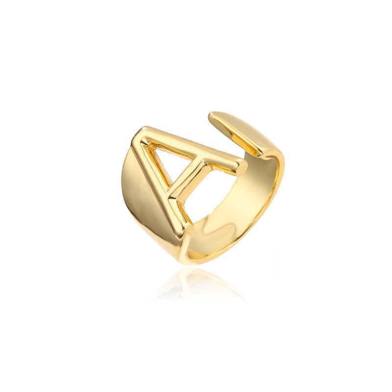 Copper Plated 18K Gold Letter Ring for Women, Adjustable Open Ring, Minimalist Fashion Casual Style, English Letter Design, Trendy Jewelry