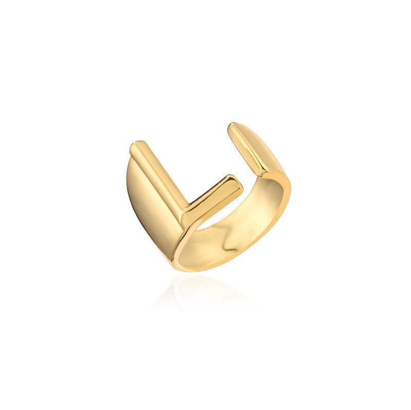 Copper Plated 18K Gold Letter Ring for Women, Adjustable Open Ring, Minimalist Fashion Casual Style, English Letter Design, Trendy Jewelry