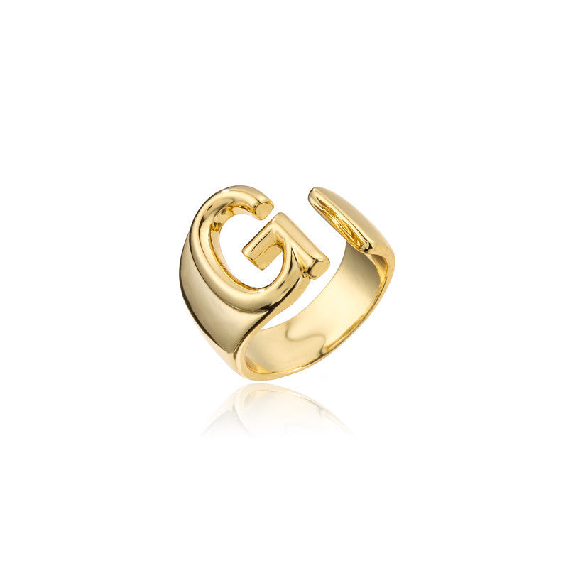 Copper Plated 18K Gold Letter Ring for Women, Adjustable Open Ring, Minimalist Fashion Casual Style, English Letter Design, Trendy Jewelry