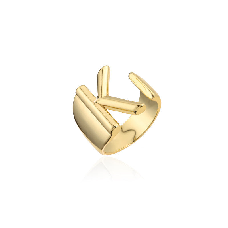 Copper Plated 18K Gold Letter Ring for Women, Adjustable Open Ring, Minimalist Fashion Casual Style, English Letter Design, Trendy Jewelry