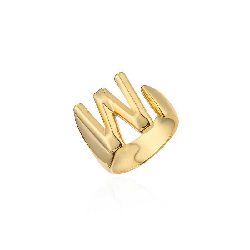 Copper Plated 18K Gold Letter Ring for Women, Adjustable Open Ring, Minimalist Fashion Casual Style, English Letter Design, Trendy Jewelry