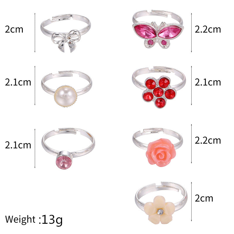 Sweet Cartoon Colorful Rhinestone and Pearl Butterfly Flower Moon Geometric Adjustable Alloy Ring for Women
