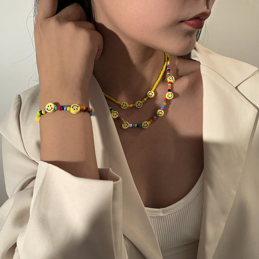Minimalist Geometric Beaded Necklace with Smiley Pendant - Handmade Multi-Layer Women's Chain Set