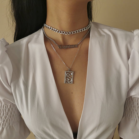 Geometric Letter Necklace for Women, Multi-Layer Alloy Cross Chain with Plating, Trendy Ins Style Fashion Jewelry