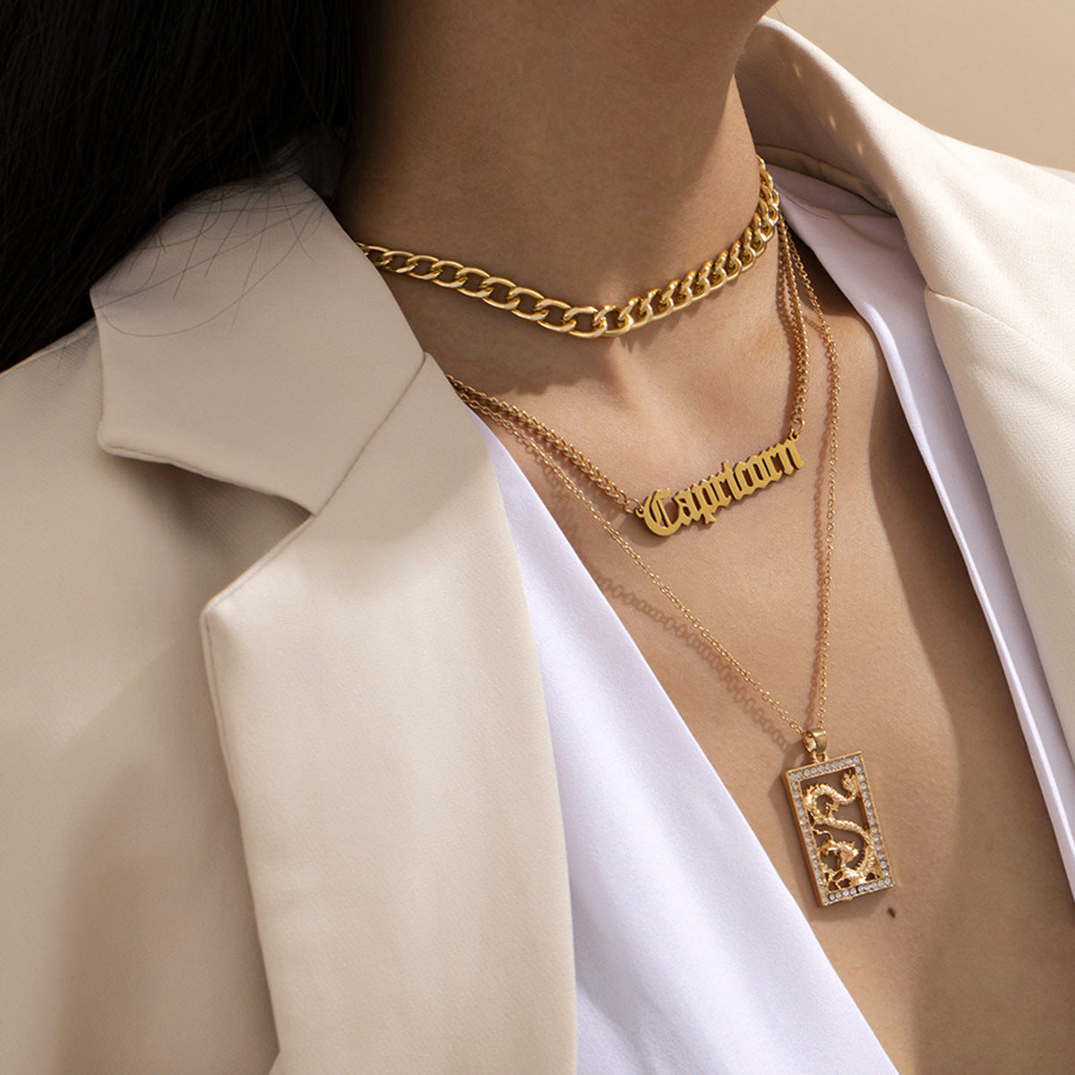 Minimalist Rhinestone Inlaid Dragon Letter Pendant Alloy Necklace Set with Curb Chain for Women