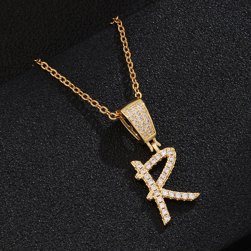 Collana con ciondolo a lettera in acciaio inossidabile con intarsio di strass, catena a O, regalo casual di moda per uomo e donna