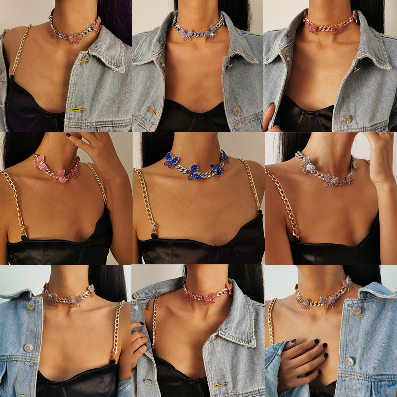Punk Hip-hop Rhinestone Inlaid Butterfly Pendant Alloy Plated Cuban Link Chain Necklace