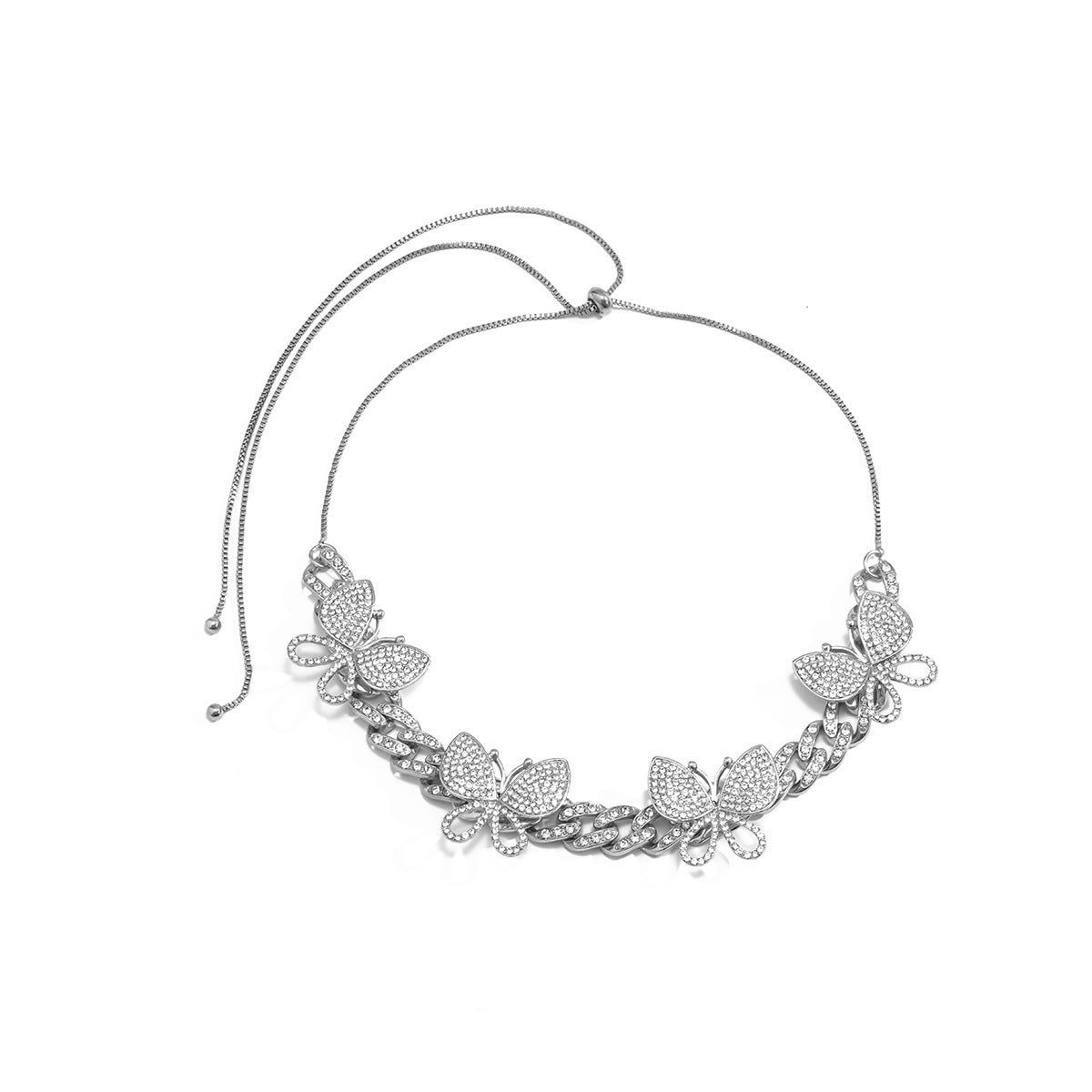 Punk Hip-hop Rhinestone Inlaid Butterfly Pendant Alloy Plated Cuban Link Chain Necklace