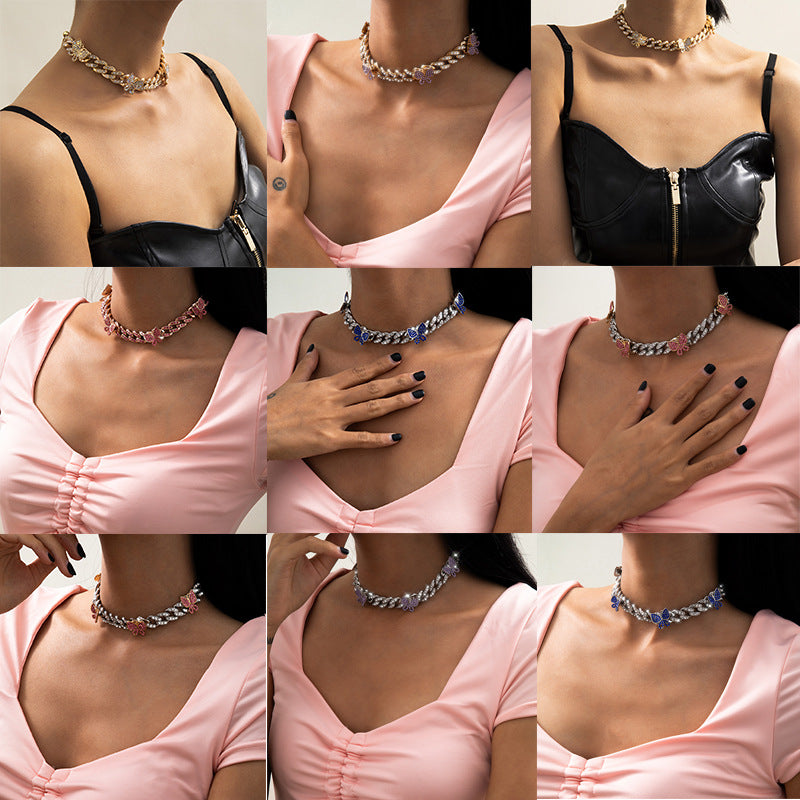 Hip-hop Colorful Rhinestone Butterfly Alloy Pendant Cuban Link Chain Necklace for Women