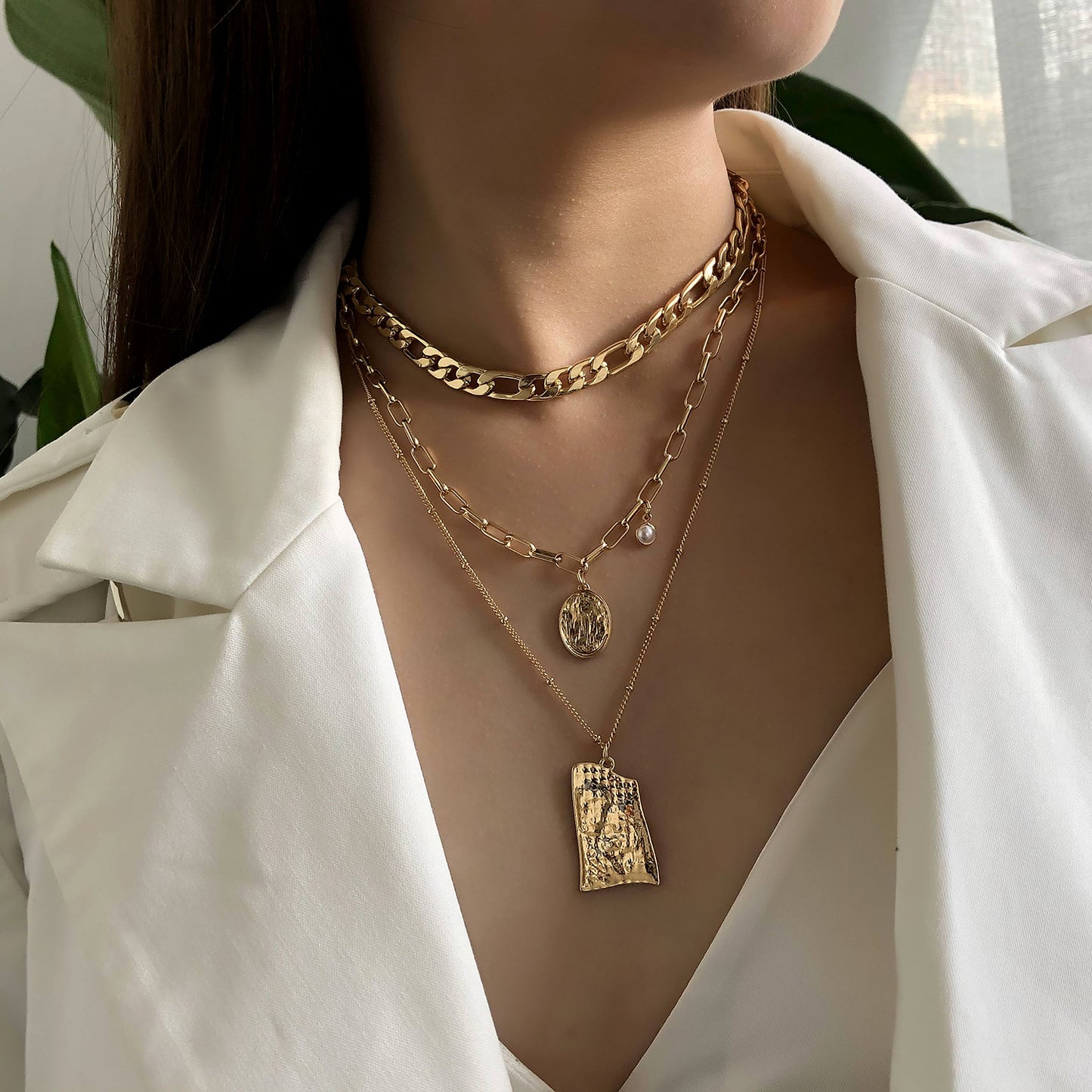 Fashion Geometric Hiphop Multi-Layer Alloy Cross Chain Necklace for Men Women Unisex