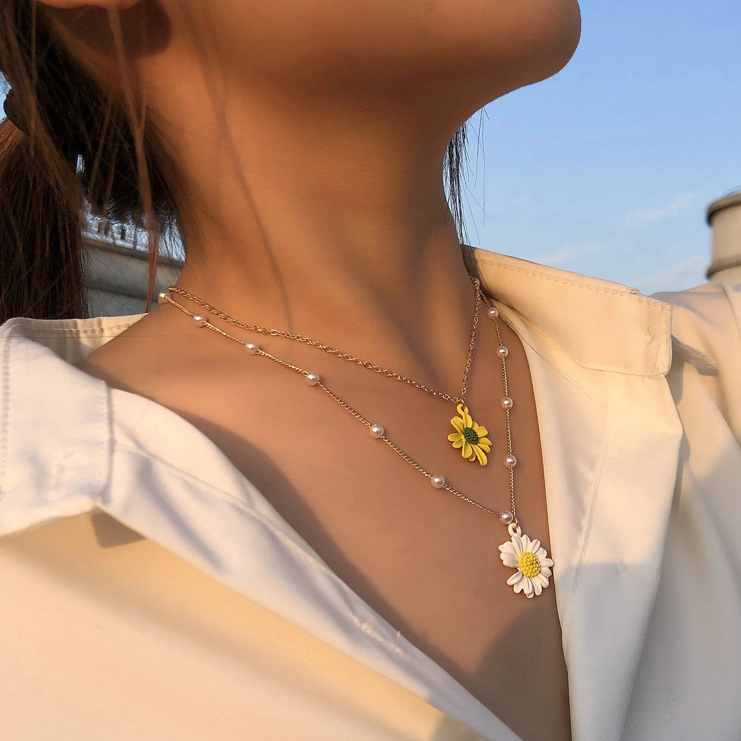 Women's Floral Alloy Pendant Necklace, Double Layer Cross Chain, Plated, Hip-Hop Fashion Jewelry, Trendy Accessory