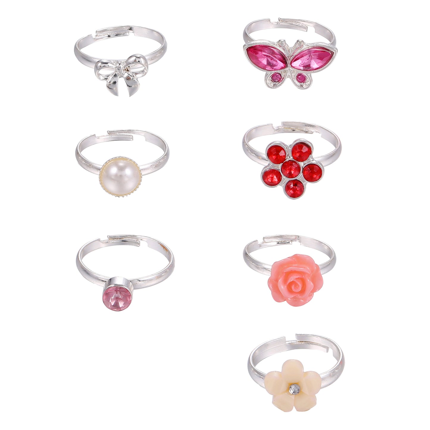 Sweet Cartoon Colorful Rhinestone and Pearl Butterfly Flower Moon Geometric Adjustable Alloy Ring for Women