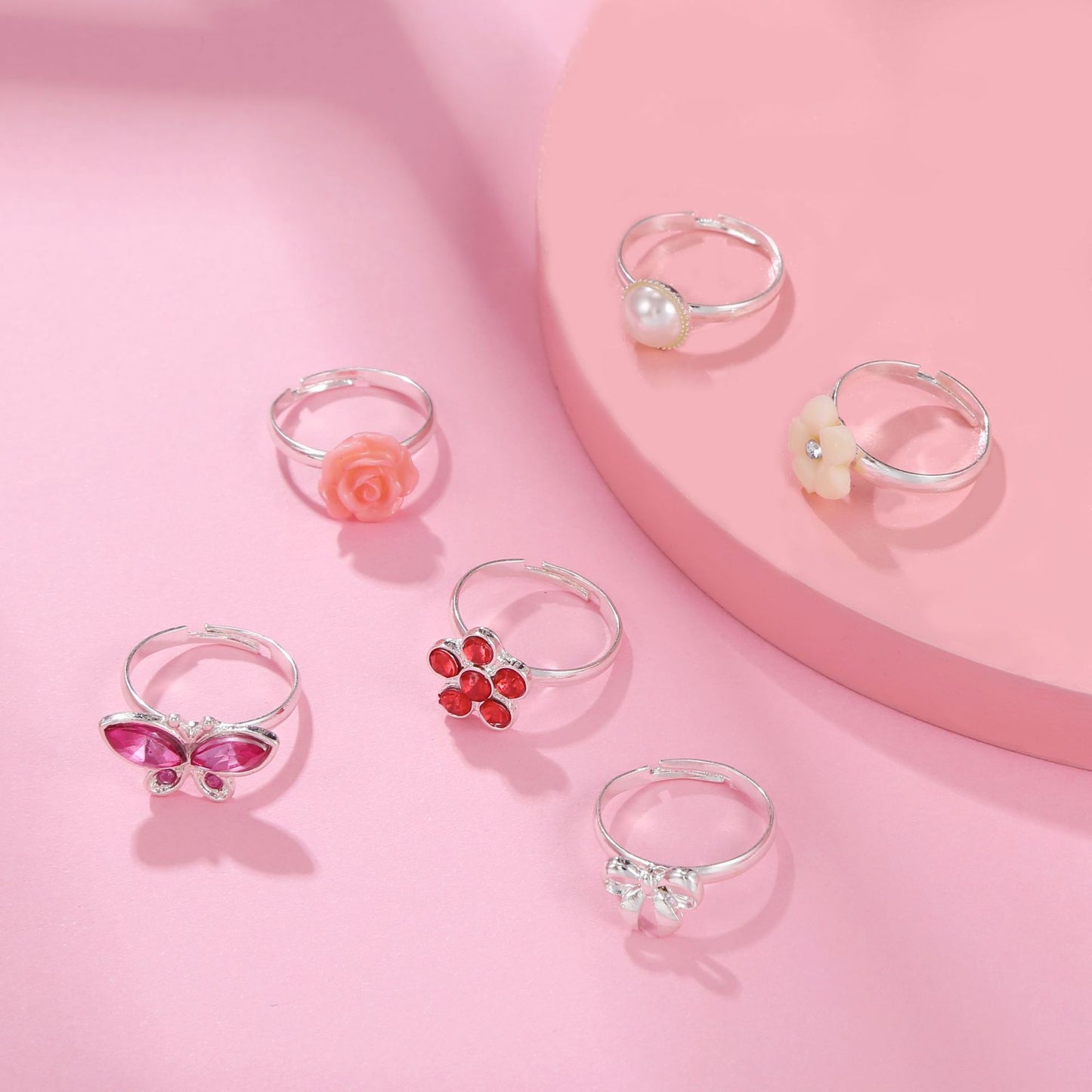 Sweet Cartoon Colorful Rhinestone and Pearl Butterfly Flower Moon Geometric Adjustable Alloy Ring for Women