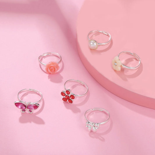 Sweet Cartoon Colorful Rhinestone and Pearl Butterfly Flower Moon Geometric Adjustable Alloy Ring for Women