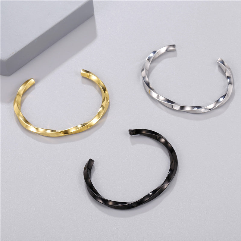 Fashion Twisted Geometric Round Titanium Steel Plated Open C-Shape Bangle Bracelet for Unisex