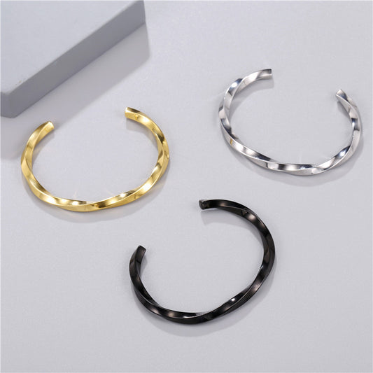 Fashion Twisted Geometric Round Titanium Steel Plated Open C-Shape Bangle Bracelet for Unisex