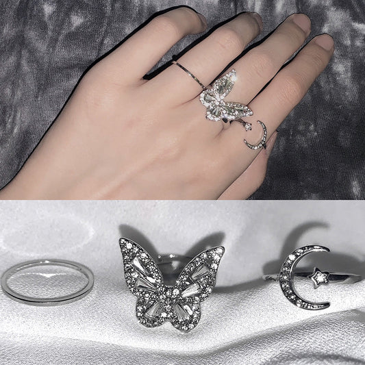 Minimalist Casual Geometric Butterfly Moon Cubic Zirconia Plated Alloy Adjustable Ring for Women