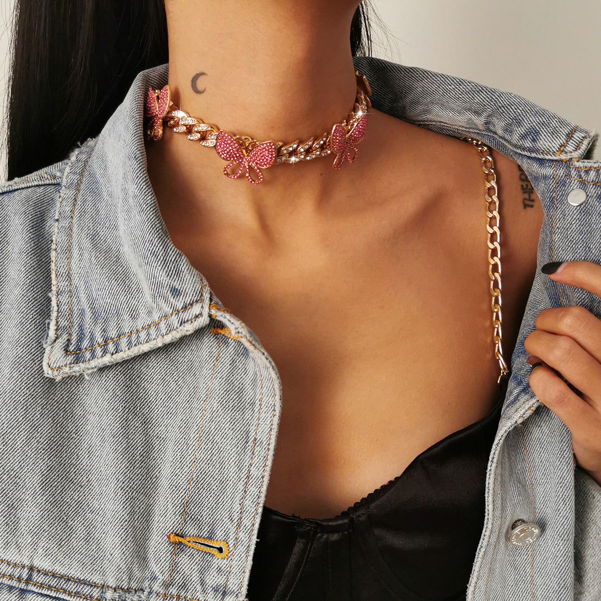 Punk Hip-hop Rhinestone Inlaid Butterfly Pendant Alloy Plated Cuban Link Chain Necklace
