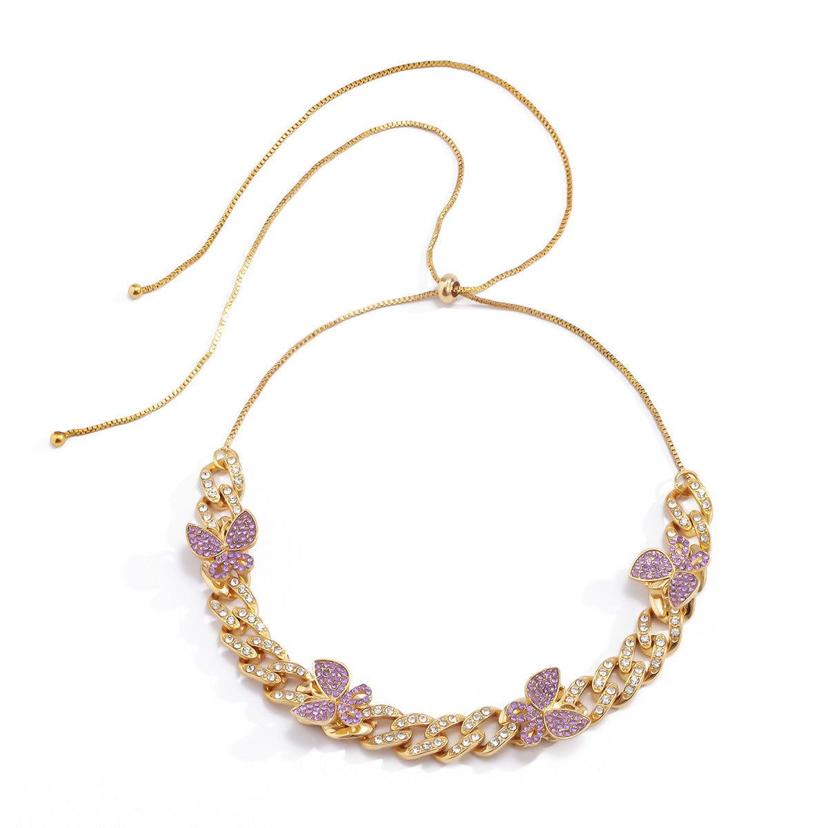 Hip-hop Colorful Rhinestone Butterfly Alloy Pendant Cuban Link Chain Necklace for Women