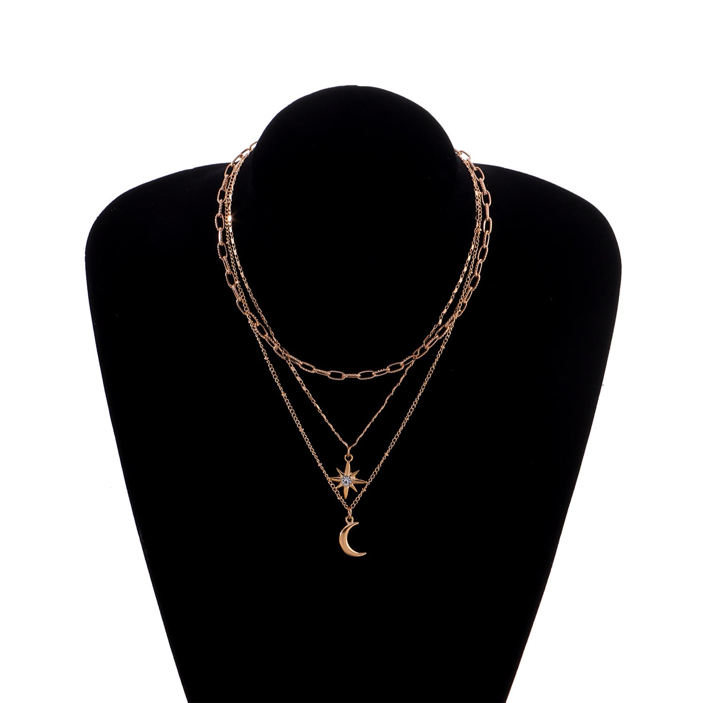 Women's Luxury Minimalist Star Pendant Necklace with Rhinestone Inlay, Alloy Cross Chain, Multi-Layered Design