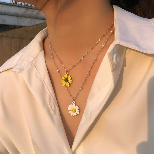 Collar con colgante de aleación floral para mujer, cadena cruzada de doble capa, chapado, joyería de moda Hip-Hop, accesorio de tendencia
