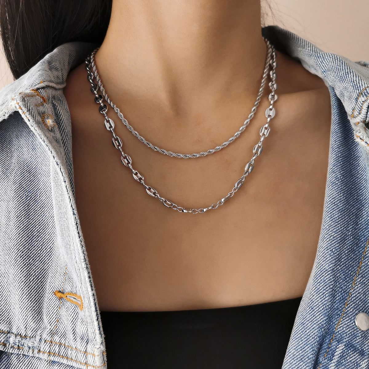 Collar Minimalista de Cadena con Cuerda de Hierro Geométrica para Mujer - Bañado, Forma Irregular, Joyería de Moda Actual