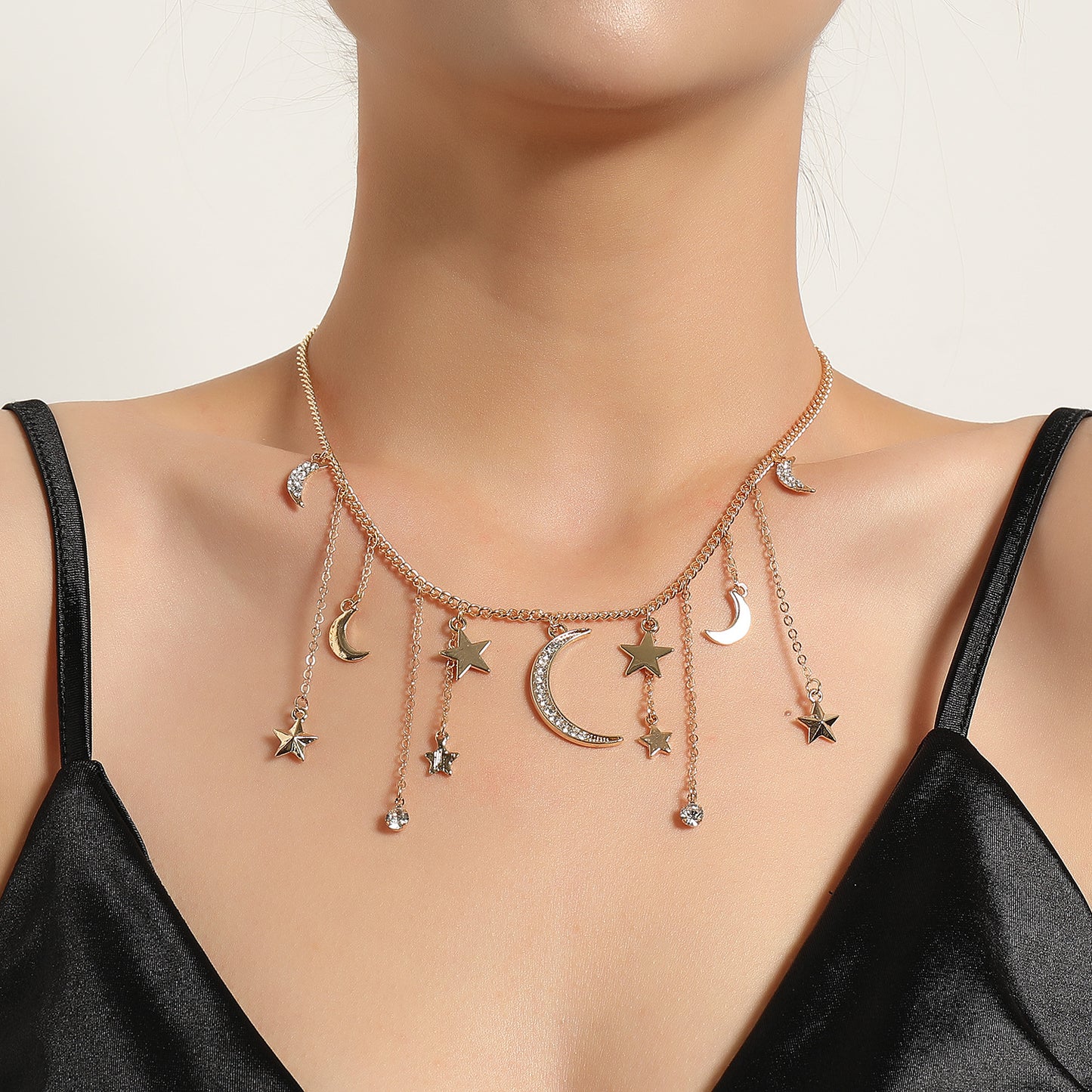 Women's Star-Shaped Rhinestone Pendant Necklace, Cross Chain, Alloy, Plated, Short Sweater Jewelry, European Style