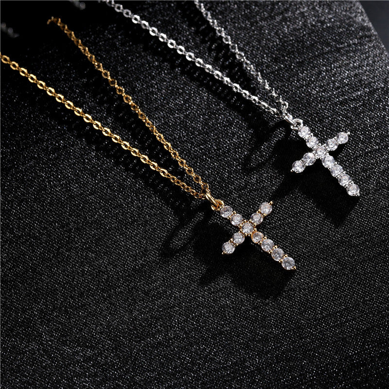 Minimalist Geometric Cross Pendant Necklace for Unisex, Copper Plated with Rhinestone Inlay, O-Chain Style, Fashionable Commuting Jewelry