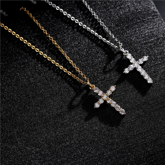 Collar con colgante de cruz geométrica minimalista unisex, chapado en cobre con incrustaciones de diamantes de imitación, estilo cadena O, joyería de moda para el día a día