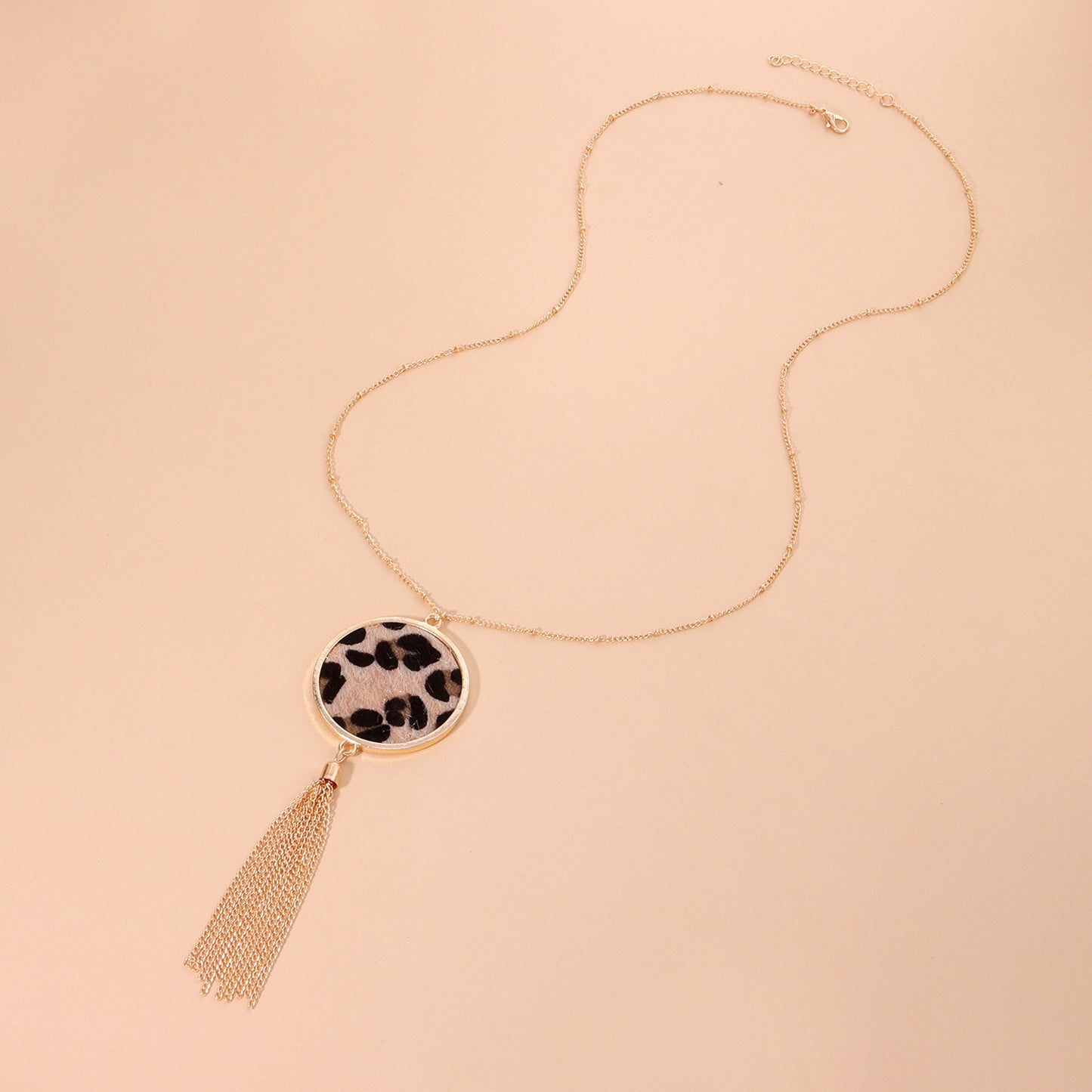 Leopard Print Geometric Alloy Pendant Necklace for Women, Vintage Hip-Hop Long Tassel Sweater Chain with Plated Finish