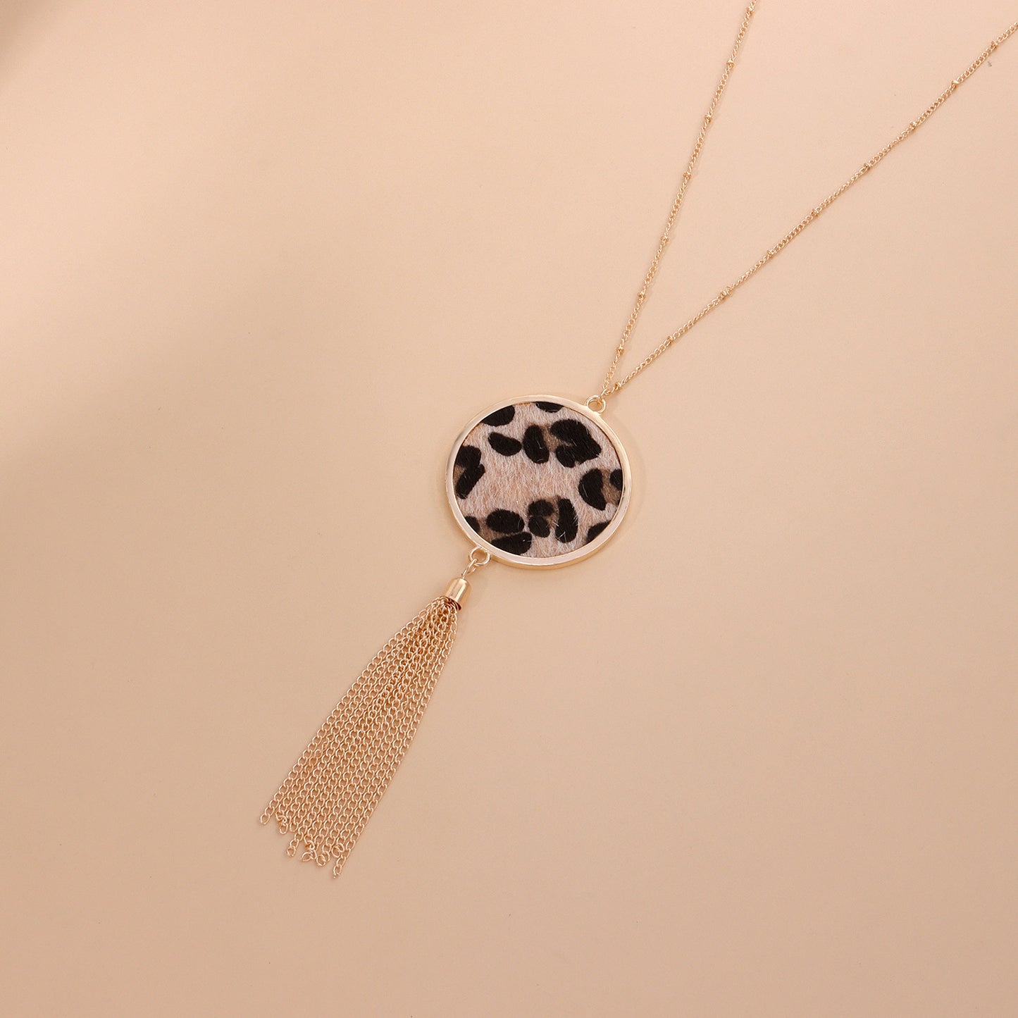 Leopard Print Geometric Alloy Pendant Necklace for Women, Vintage Hip-Hop Long Tassel Sweater Chain with Plated Finish