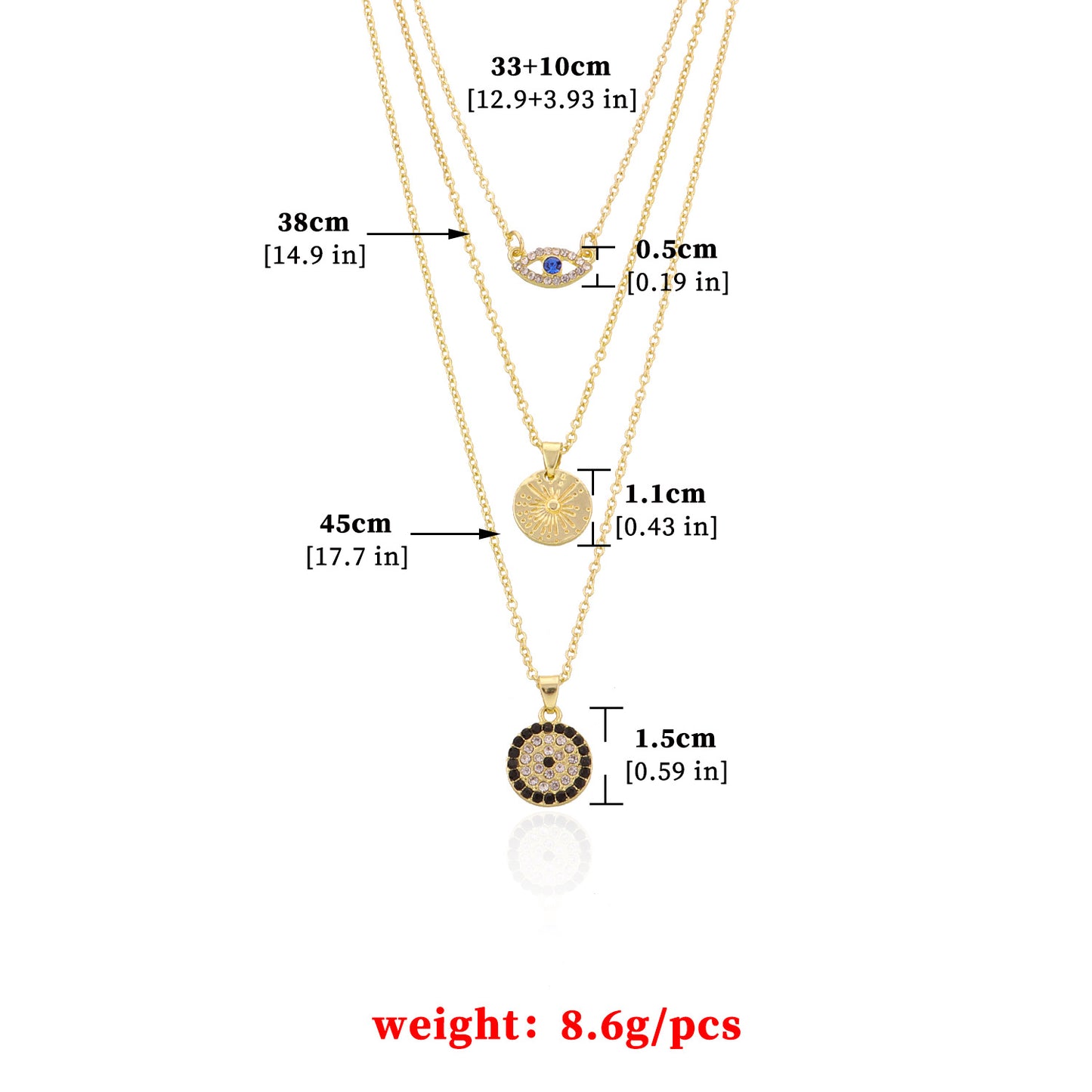 Fashionable 18K Gold Plated Geometric Evil Eye Multi-Layer Necklace for Women with Rhinestones