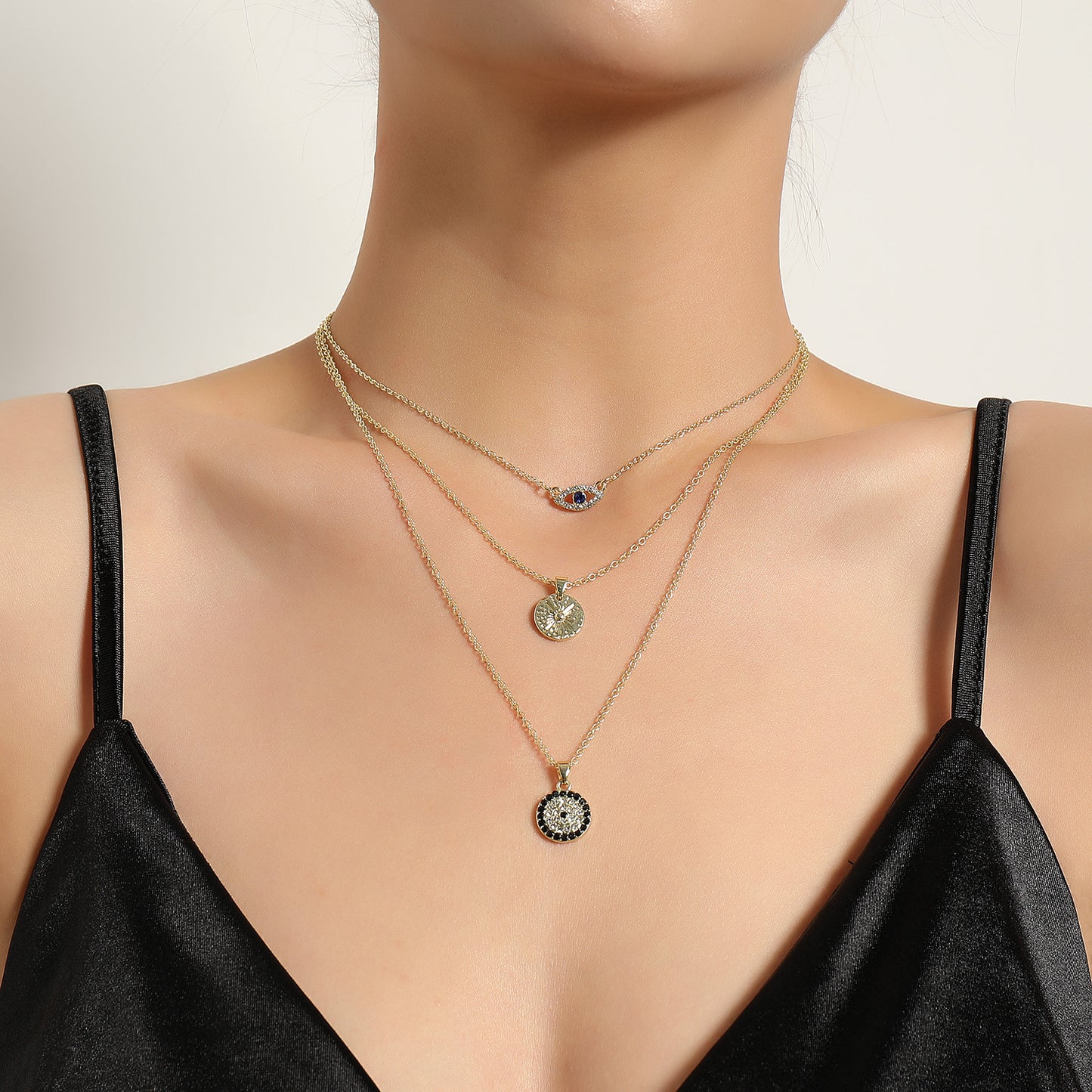 Fashionable 18K Gold Plated Geometric Evil Eye Multi-Layer Necklace for Women with Rhinestones