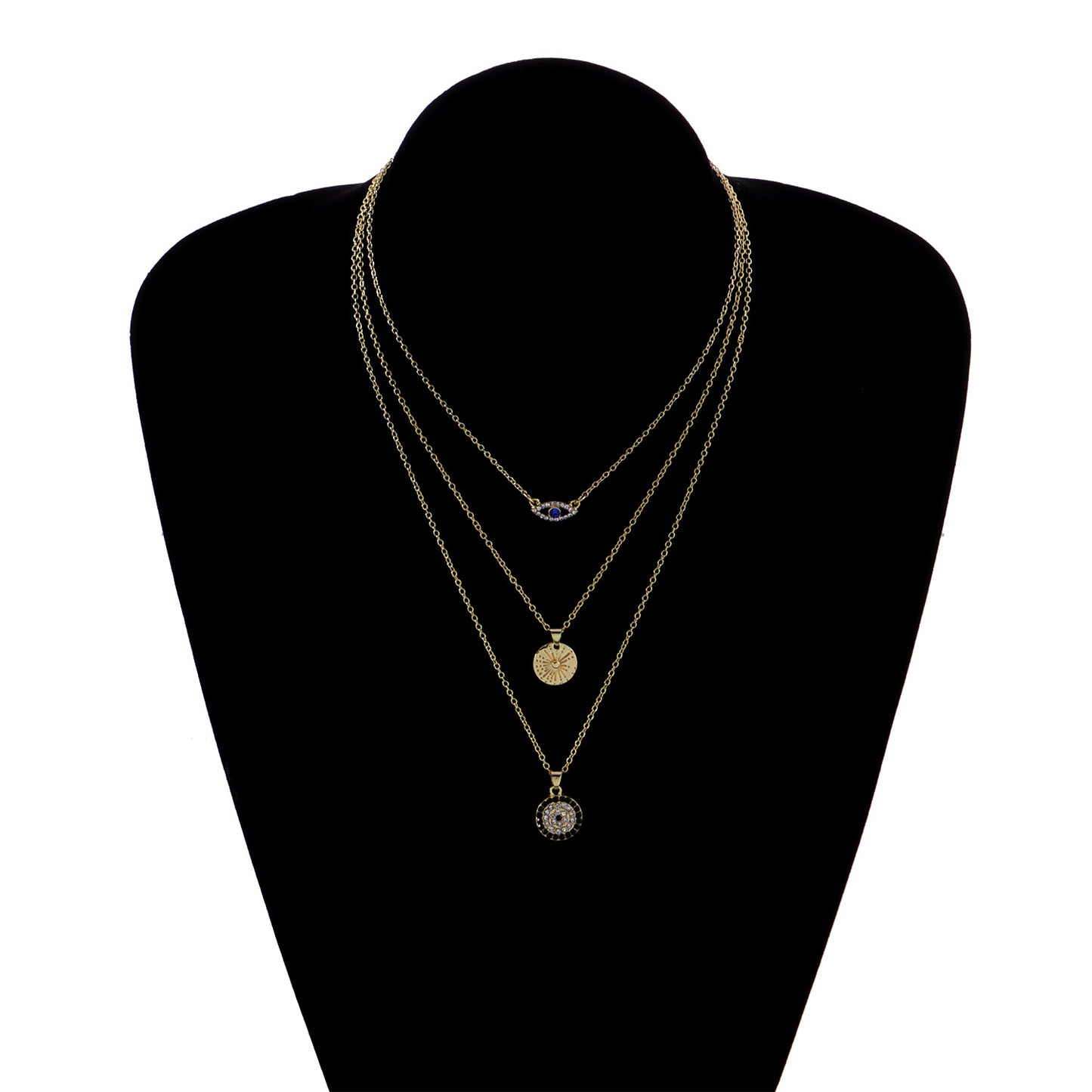 Fashionable 18K Gold Plated Geometric Evil Eye Multi-Layer Necklace for Women with Rhinestones