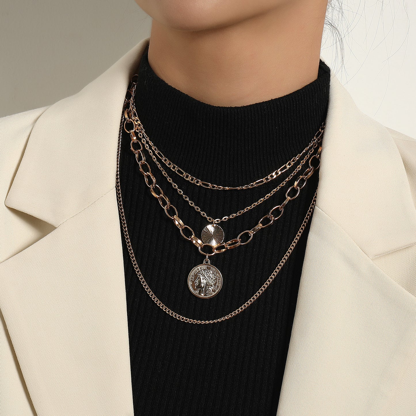 Geometric Pendant Necklace for Women, Vintage Punk Style, Alloy Plated Cross Chain, Multi-Layered Statement Jewelry