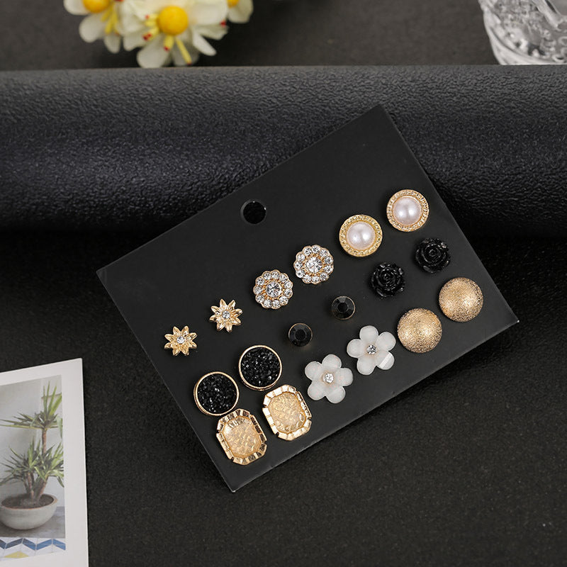 Sweet Geometric Crystal Inlay Alloy Earring Set with Stainless Steel Posts