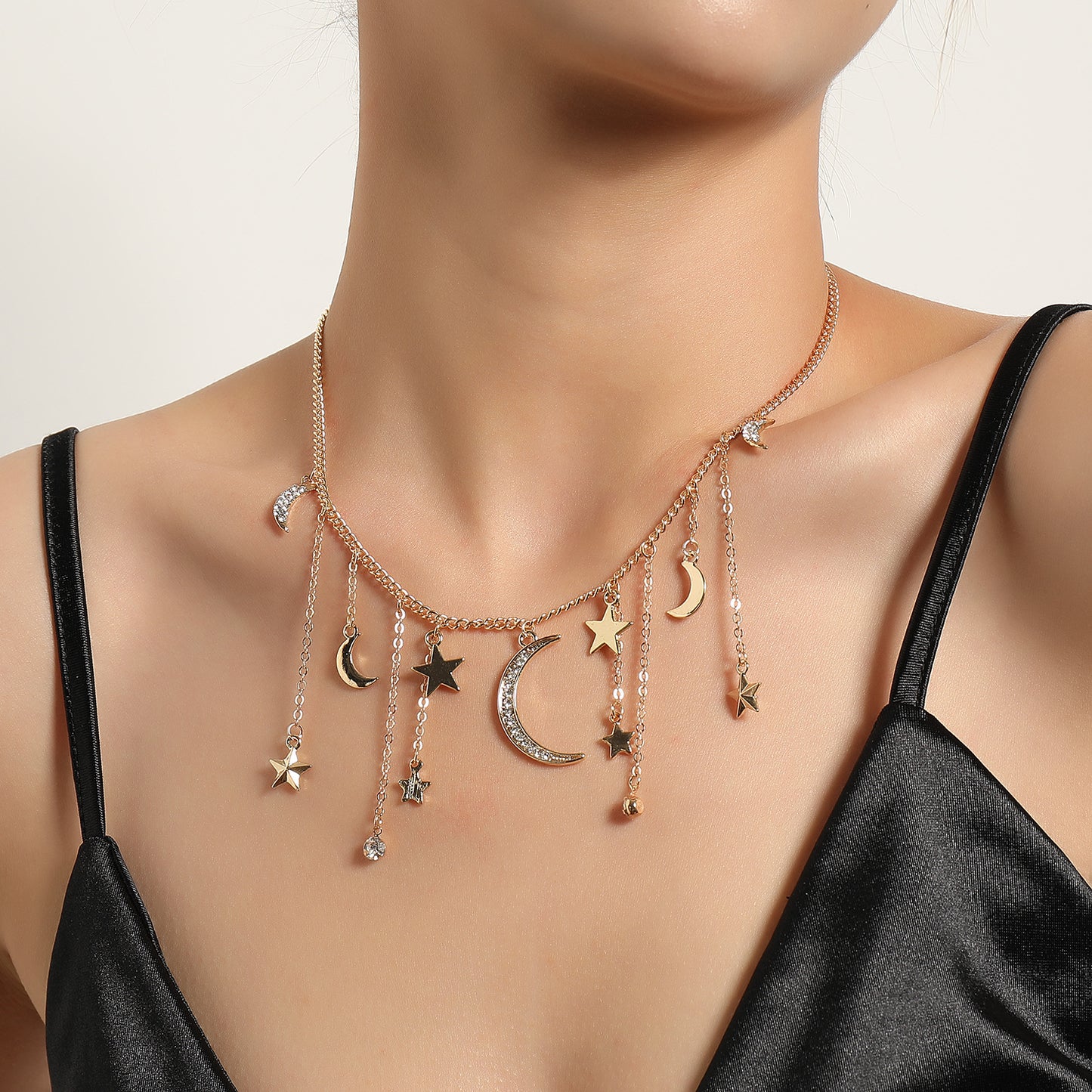 Women's Star-Shaped Rhinestone Pendant Necklace, Cross Chain, Alloy, Plated, Short Sweater Jewelry, European Style
