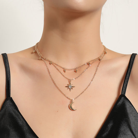 Women's European Style Vintage Star-Shaped Rhinestone Alloy Cross Chain Necklace