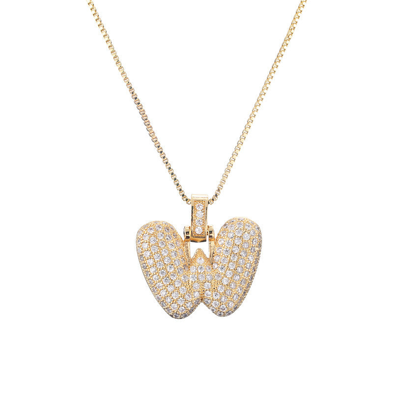 Collana da donna con iniziale in rame intarsiata, con catena a maglie, stile minimalista alla moda da pendolare, con accenti di strass