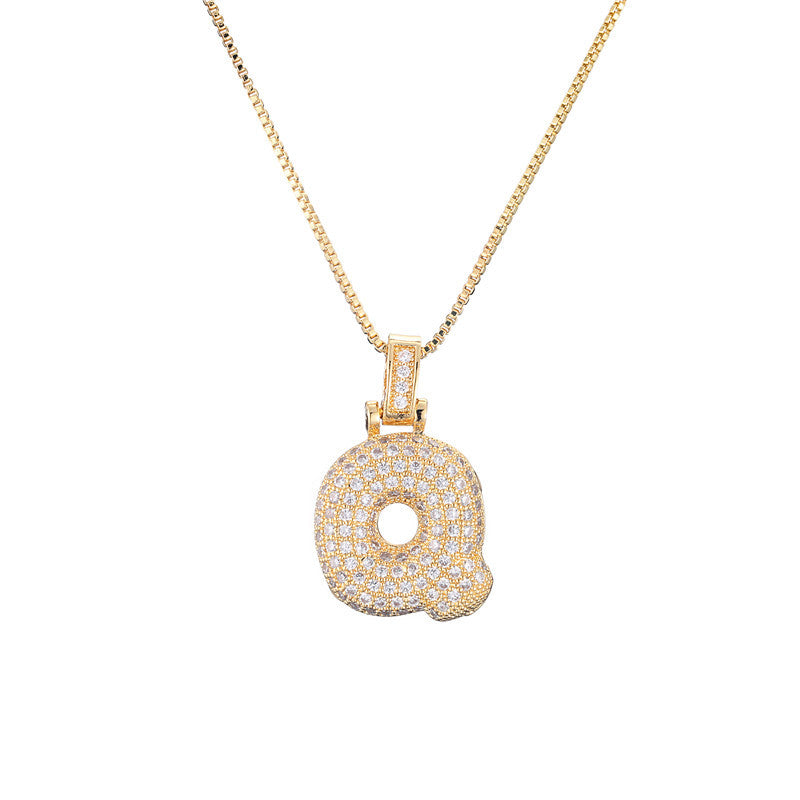 Collana da donna con iniziale in rame intarsiata, con catena a maglie, stile minimalista alla moda da pendolare, con accenti di strass