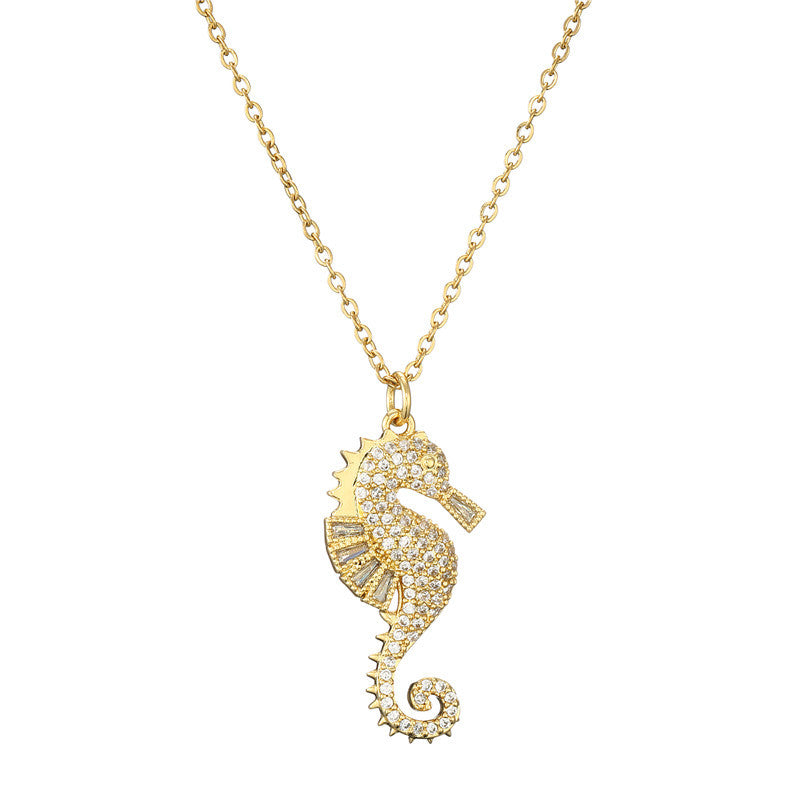Light Luxury Fashion Micro-inlaid Cubic Zirconia Seahorse Brass Pendant Necklace for Women with Cable Chain