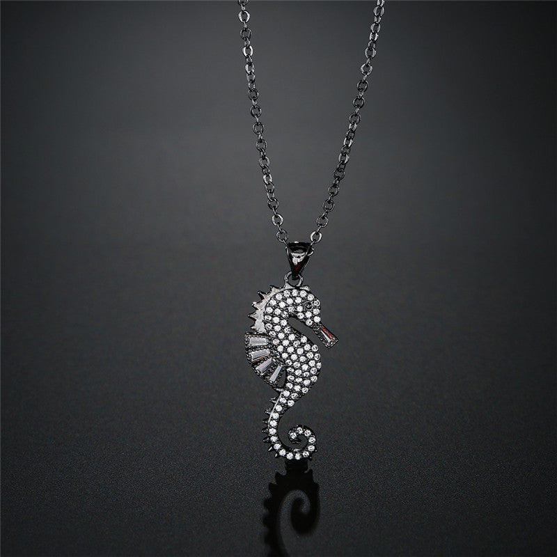 Light Luxury Fashion Micro-inlaid Cubic Zirconia Seahorse Brass Pendant Necklace for Women with Cable Chain