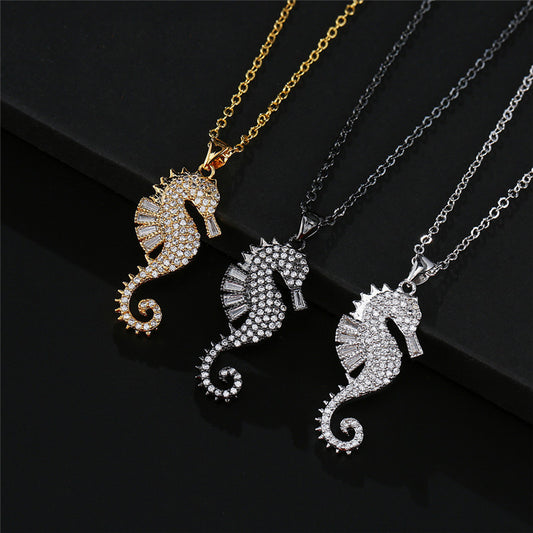 Light Luxury Fashion Micro-inlaid Cubic Zirconia Seahorse Brass Pendant Necklace for Women with Cable Chain