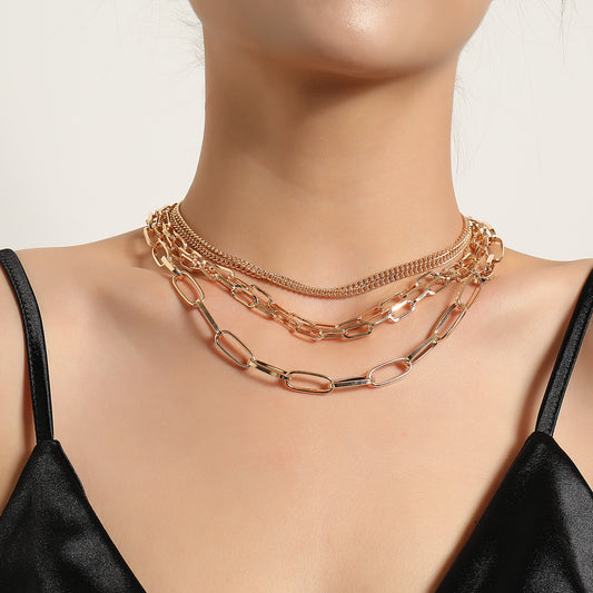 Collana da donna a catena scatolata in lega vintage geometrica - Gioielli di moda multistrato, finitura placcata, accessorio elegante per maglioni