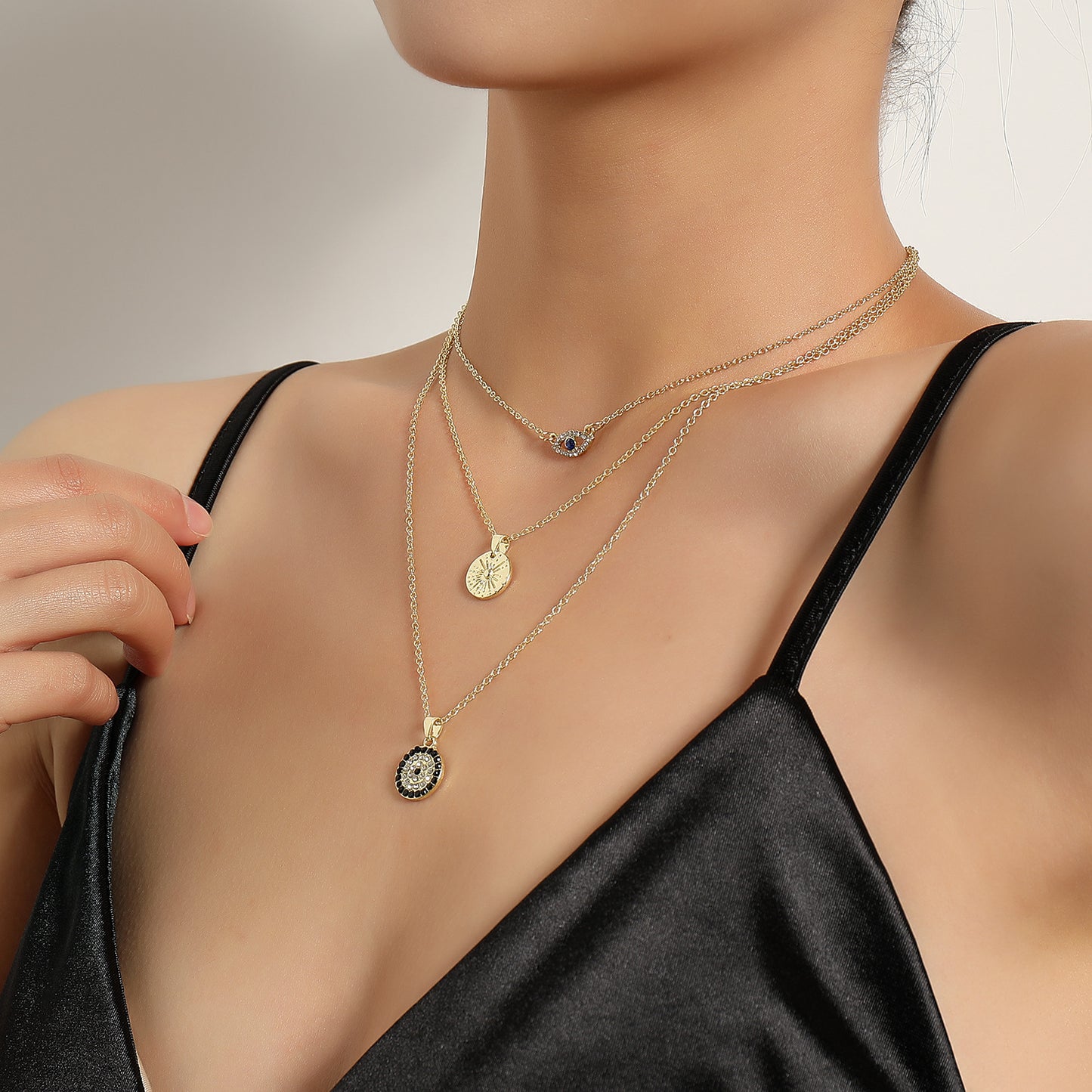 Fashionable 18K Gold Plated Geometric Evil Eye Multi-Layer Necklace for Women with Rhinestones