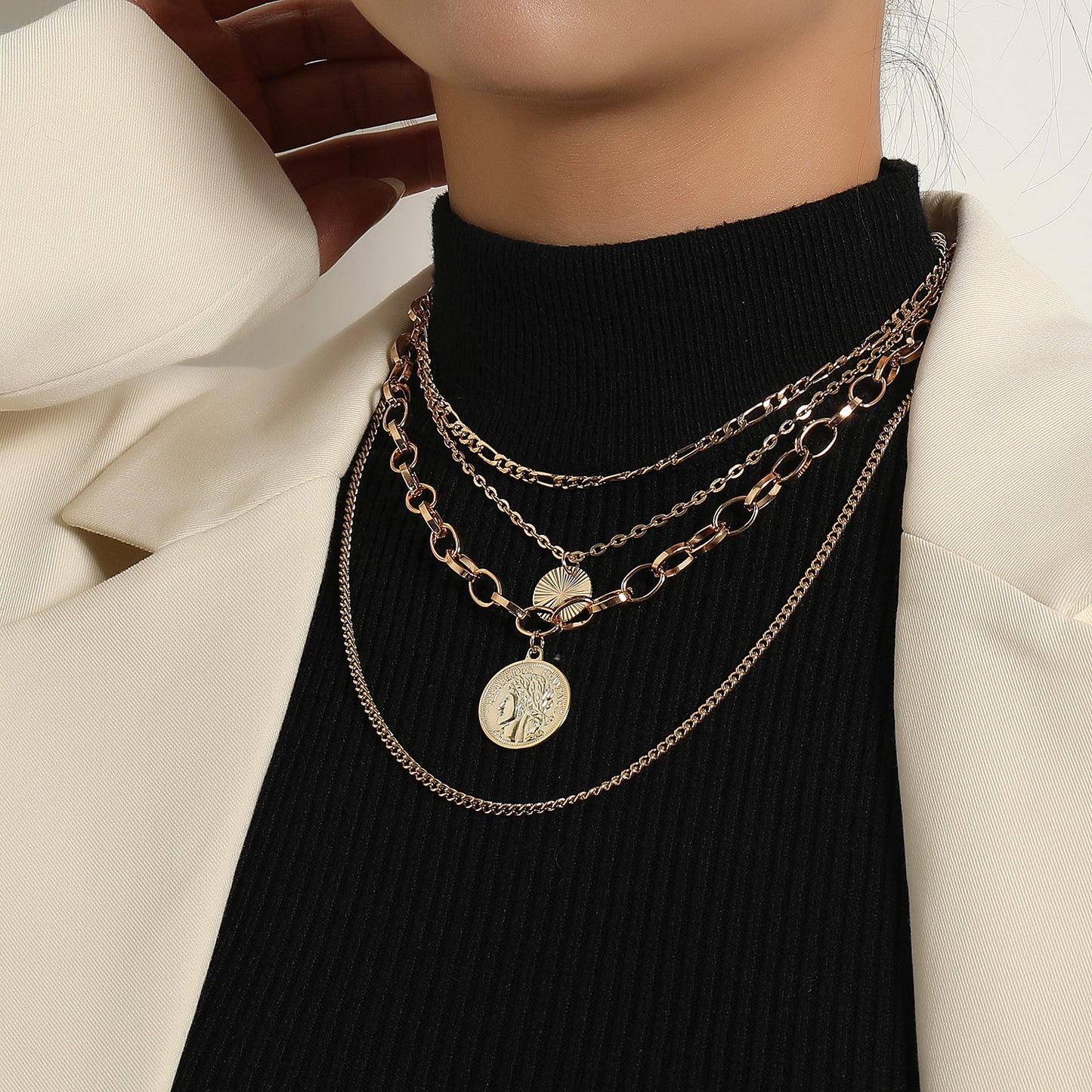 Geometric Pendant Necklace for Women, Vintage Punk Style, Alloy Plated Cross Chain, Multi-Layered Statement Jewelry