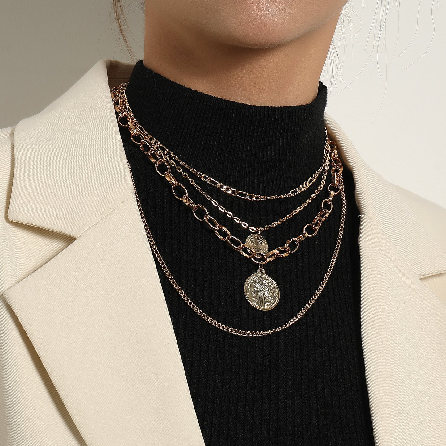 Geometric Pendant Necklace for Women, Vintage Punk Style, Alloy Plated Cross Chain, Multi-Layered Statement Jewelry