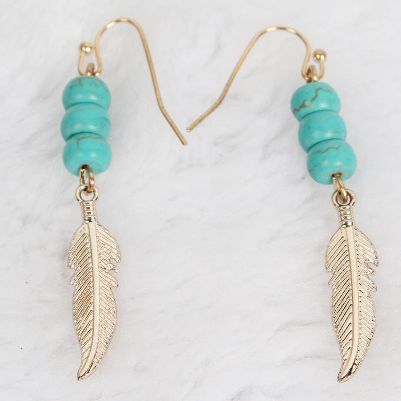 Minimalist Feather Earrings with Turquoise Beads for Women Western Style Alloy Hook Earrings
