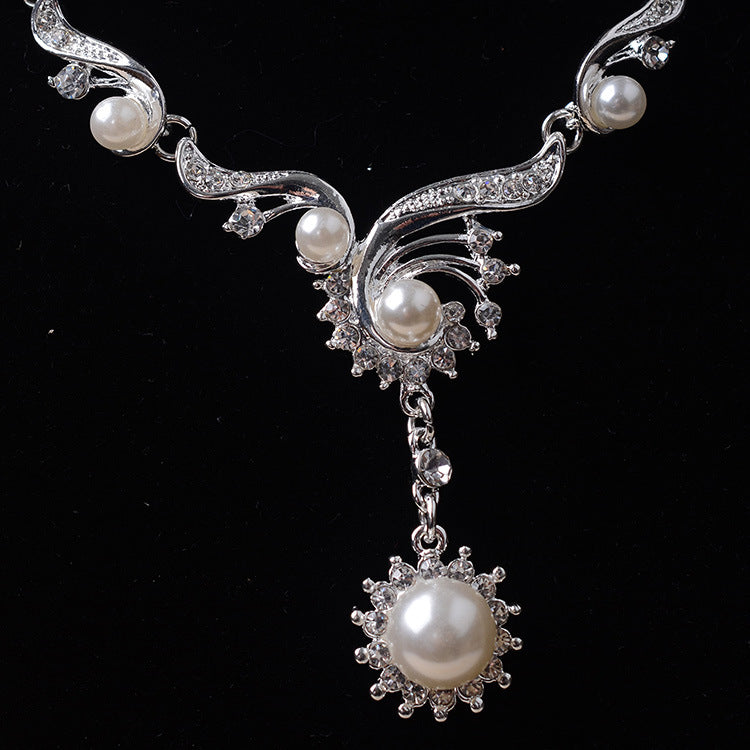 Set collana e orecchini da donna con catena Singapore, elegante, floreale, in lega, strass e perle