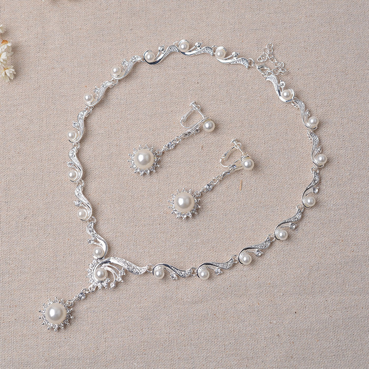 Set collana e orecchini da donna con catena Singapore, elegante, floreale, in lega, strass e perle